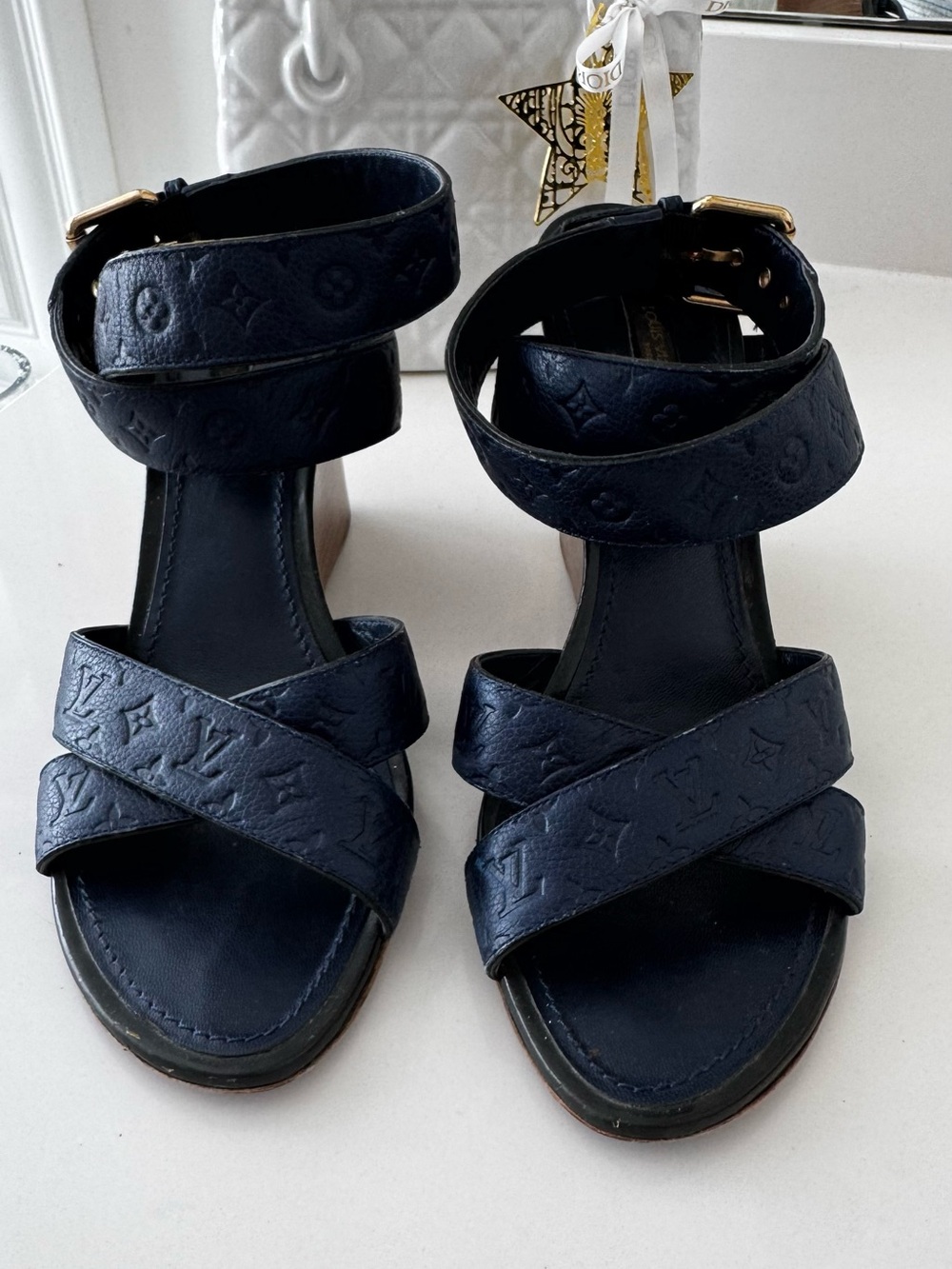 Louis Vuitton Navy Embossed Monogram Wedge Sandals